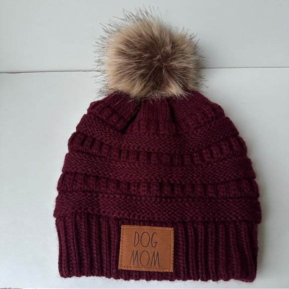 Rae DunnDog Mom Beanie Hat w/ Fur Pom and Rae Dunn Script In Leather CC Hat Cap - Picture 1 of 6